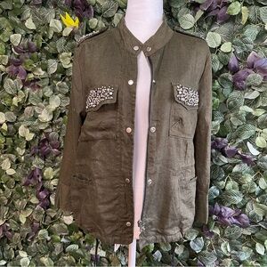 Women’s Jacket Shirt Army Green Pockets Full Zip Snap Linen fit S/M